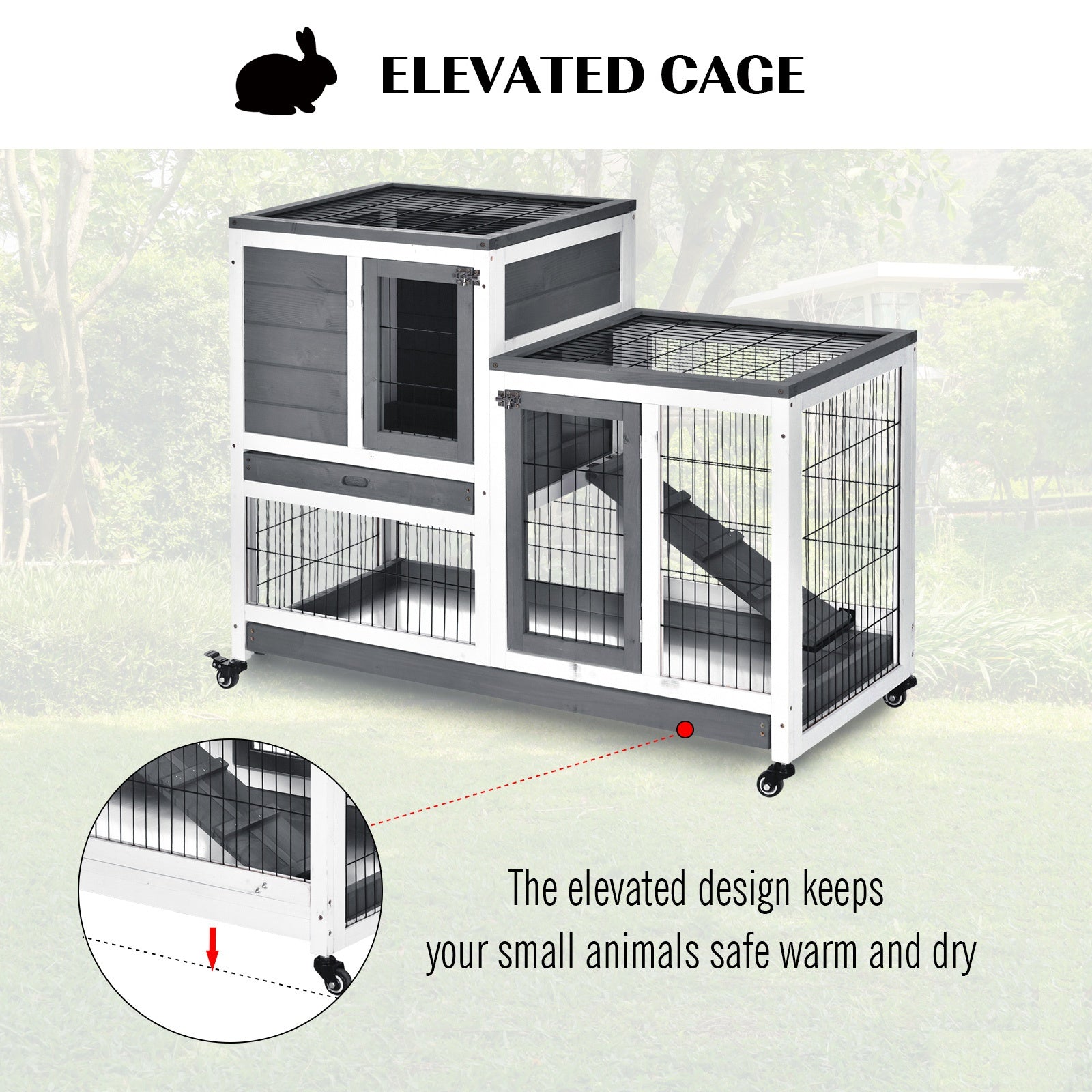 PawHut Small Animals 2-TierFir Wood Guinea Pigs Hutches Indoor Hutch Grey 