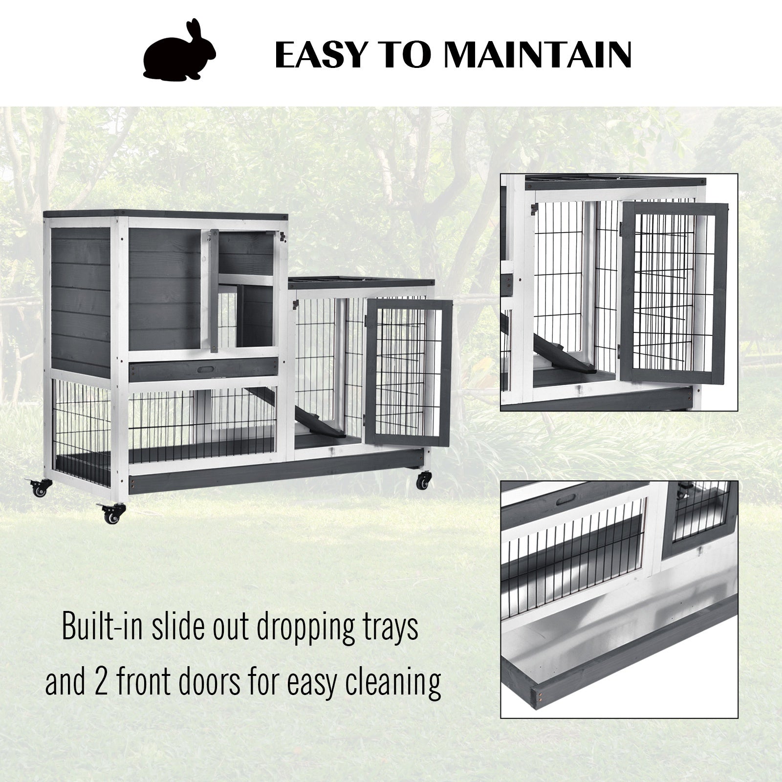 PawHut Small Animals 2-TierFir Wood Guinea Pigs Hutches Indoor Hutch Grey 