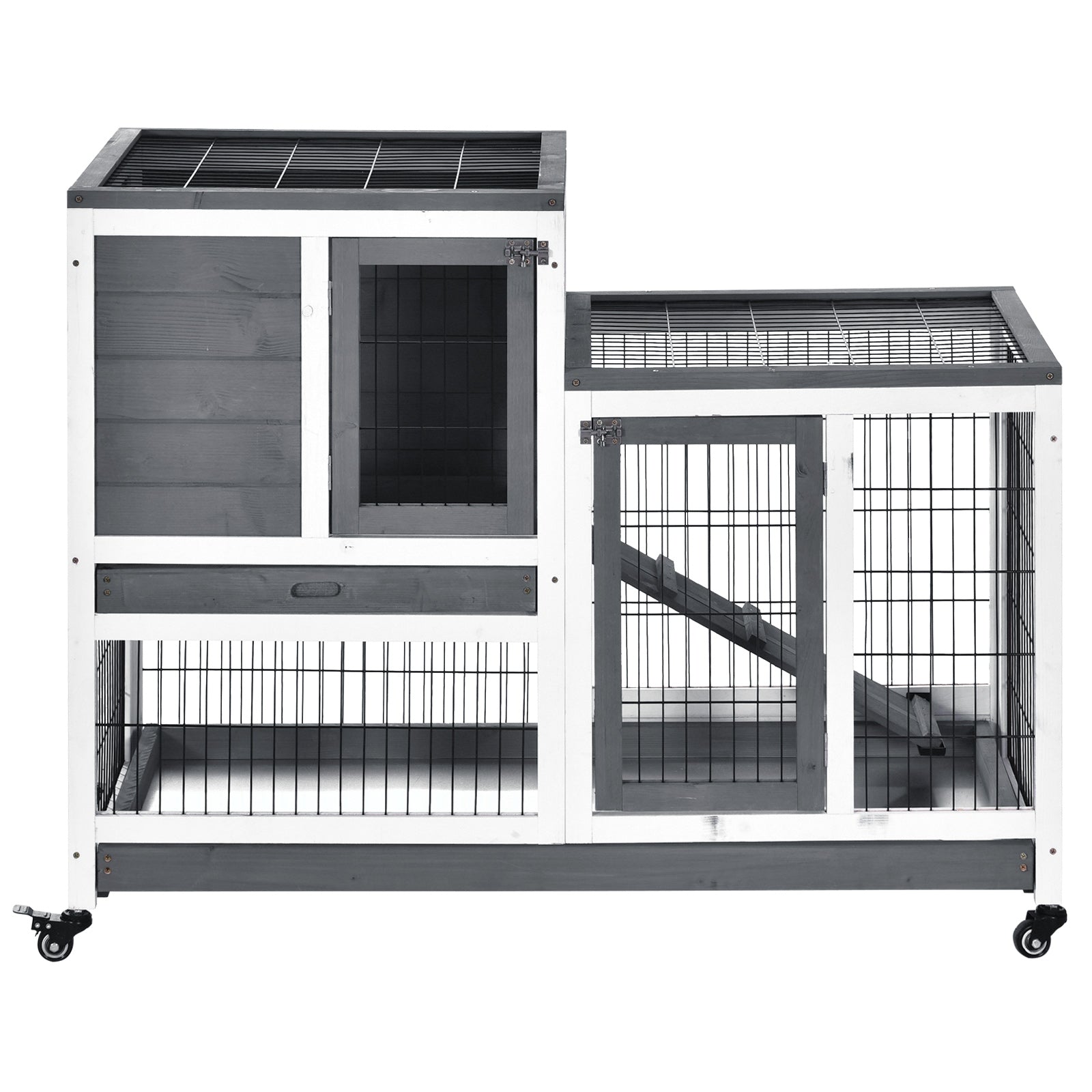 PawHut Small Animals 2-TierFir Wood Guinea Pigs Hutches Indoor Hutch Grey 