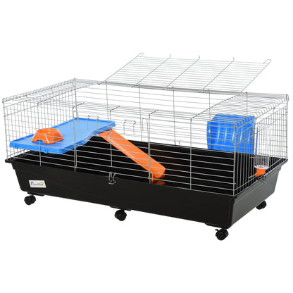 PawHut Steel Medium 2-Tier Small Guinea Pigs Hutches w/ Accessories Blue/Orange 