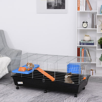 PawHut Steel Medium 2-Tier Small Guinea Pigs Hutches w/ Accessories Blue/Orange 