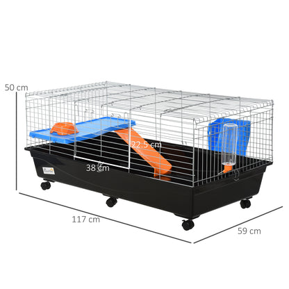 PawHut Steel Medium 2-Tier Small Guinea Pigs Hutches w/ Accessories Blue/Orange 