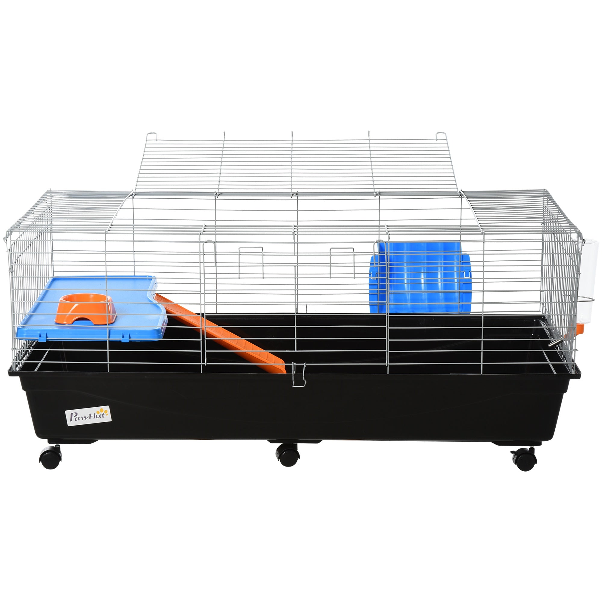PawHut Steel Medium 2-Tier Small Guinea Pigs Hutches w/ Accessories Blue/Orange 