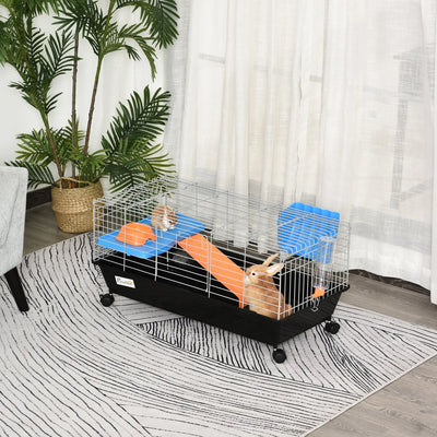 PawHut Steel Small 2-Tier Small Guinea Pigs Hutches w/ Accessories Blue/Orange 