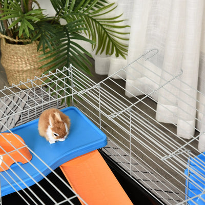 PawHut Steel Small 2-Tier Small Guinea Pigs Hutches w/ Accessories Blue/Orange 