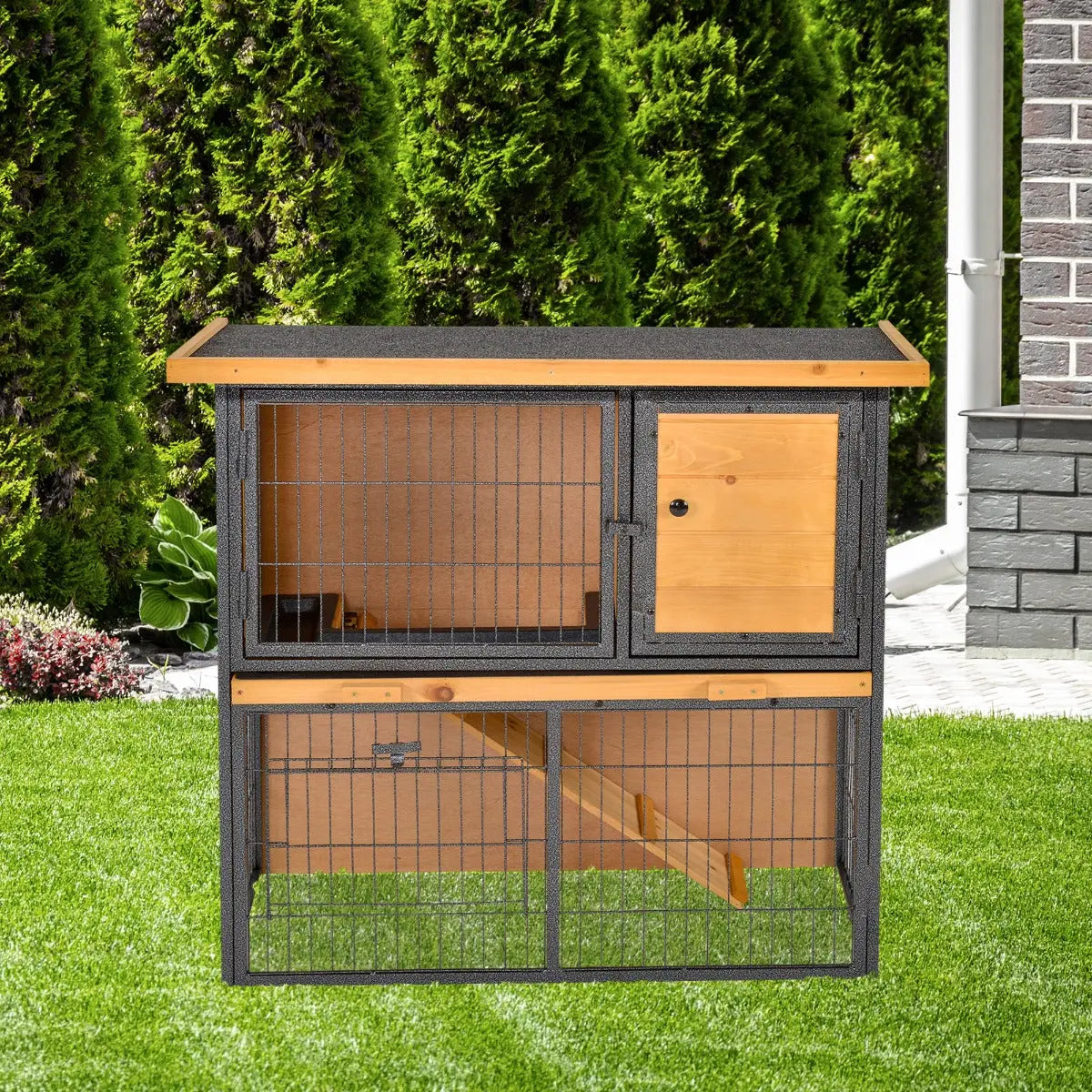 PawHut Wood-metal Guinea Pigs Hutches Elevated Pet House Outdoor 89.5 x 45 x 81cm 