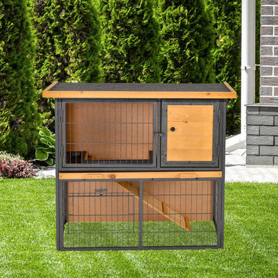 PawHut Wood-metal Guinea Pigs Hutches Elevated Pet House Outdoor 89.5 x 45 x 81cm 