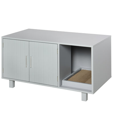 PawHut Wooden Cat Litter Box Enclosure & House with Nightstand/End Table Design, Scratcher, & Magnetic Doors, Grey 