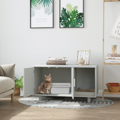 PawHut Wooden Cat Litter Box Enclosure & House with Nightstand/End Table Design, Scratcher, & Magnetic Doors, Grey 