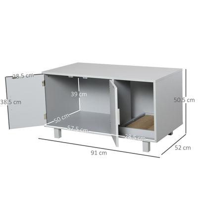 PawHut Wooden Cat Litter Box Enclosure & House with Nightstand/End Table Design, Scratcher, & Magnetic Doors, Grey 