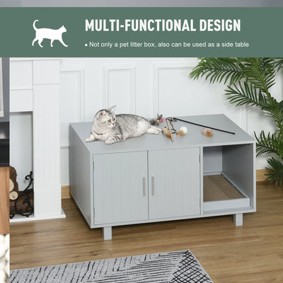 PawHut Wooden Cat Litter Box Enclosure & House with Nightstand/End Table Design, Scratcher, & Magnetic Doors, Grey 