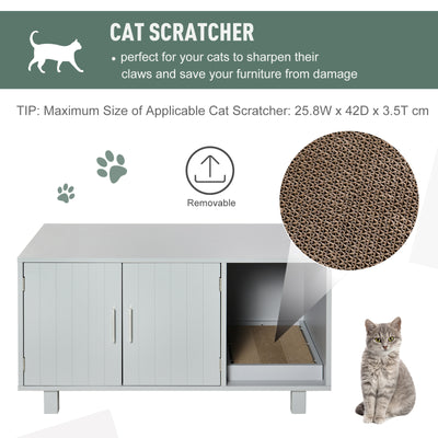 PawHut Wooden Cat Litter Box Enclosure & House with Nightstand/End Table Design, Scratcher, & Magnetic Doors, Grey 