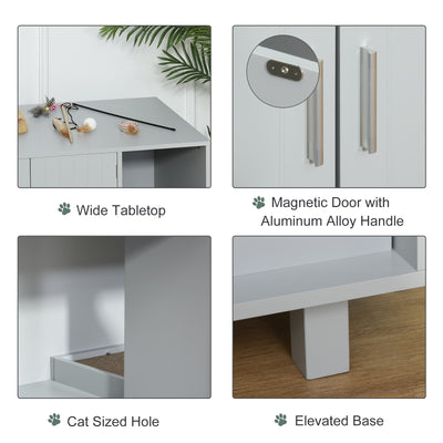 PawHut Wooden Cat Litter Box Enclosure & House with Nightstand/End Table Design, Scratcher, & Magnetic Doors, Grey 