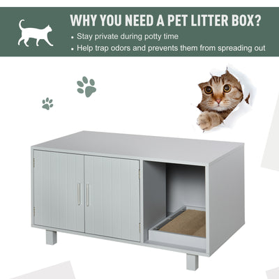 PawHut Wooden Cat Litter Box Enclosure & House with Nightstand/End Table Design, Scratcher, & Magnetic Doors, Grey 