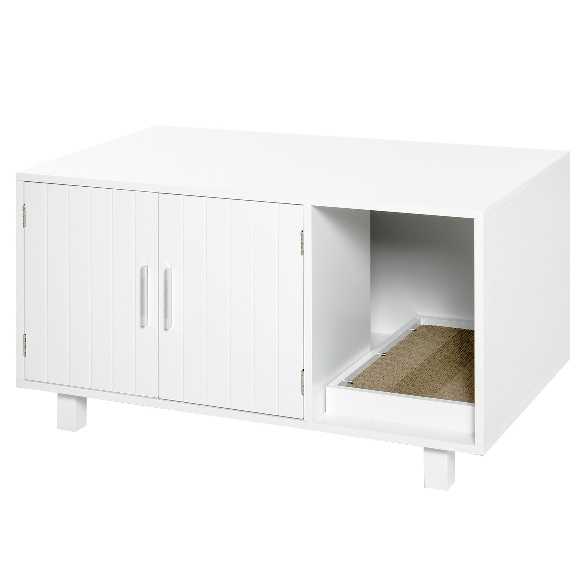 PawHut Wooden Cat Litter Box Enclosure & House with Nightstand/End Table Design, Scratcher, & Magnetic Doors, White 