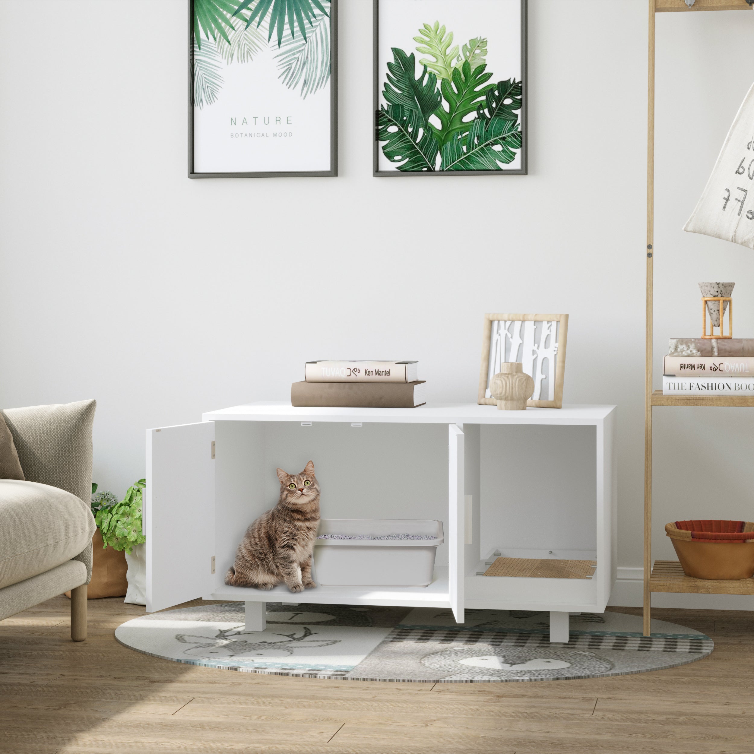PawHut Wooden Cat Litter Box Enclosure & House with Nightstand/End Table Design, Scratcher, & Magnetic Doors, White 