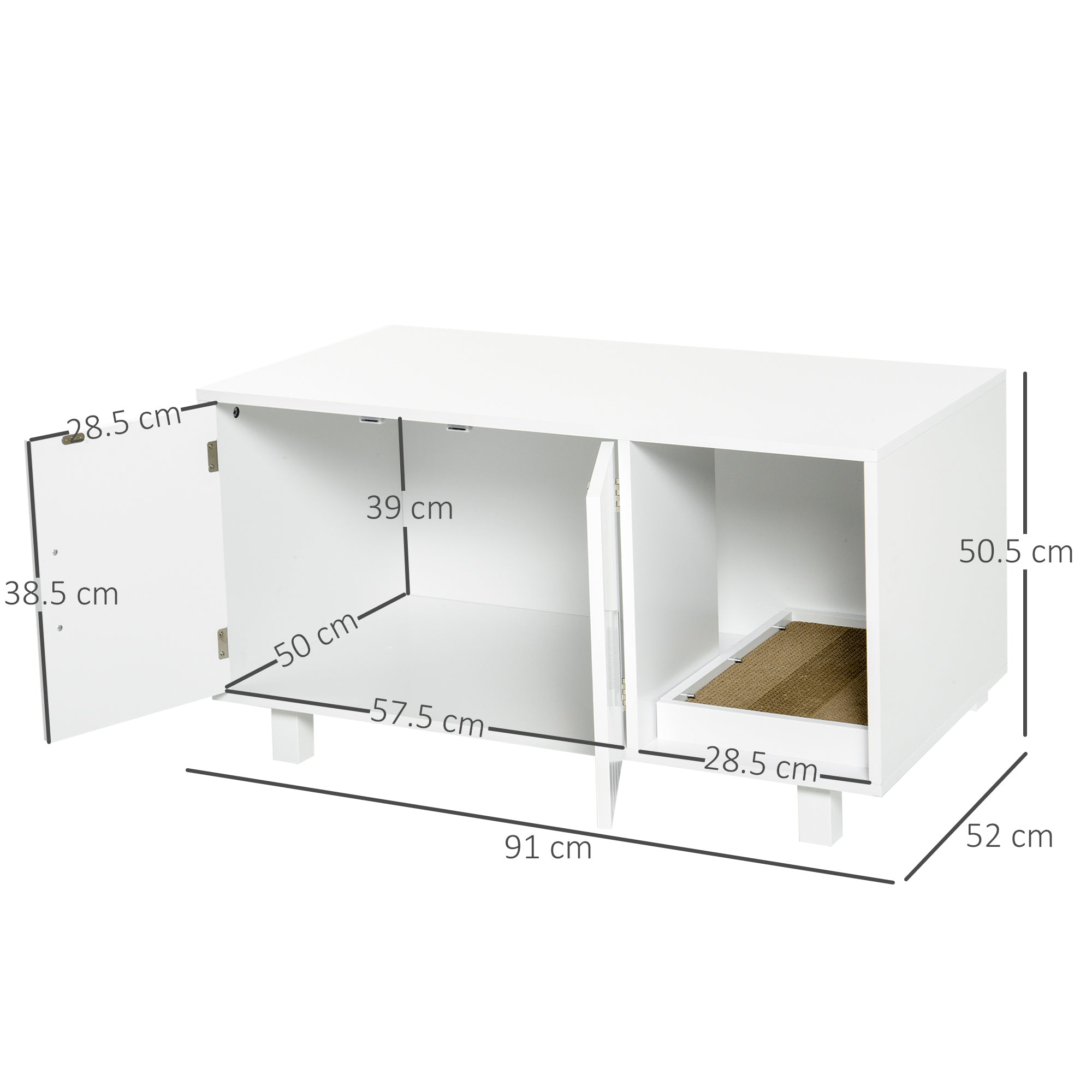 PawHut Wooden Cat Litter Box Enclosure & House with Nightstand/End Table Design, Scratcher, & Magnetic Doors, White 
