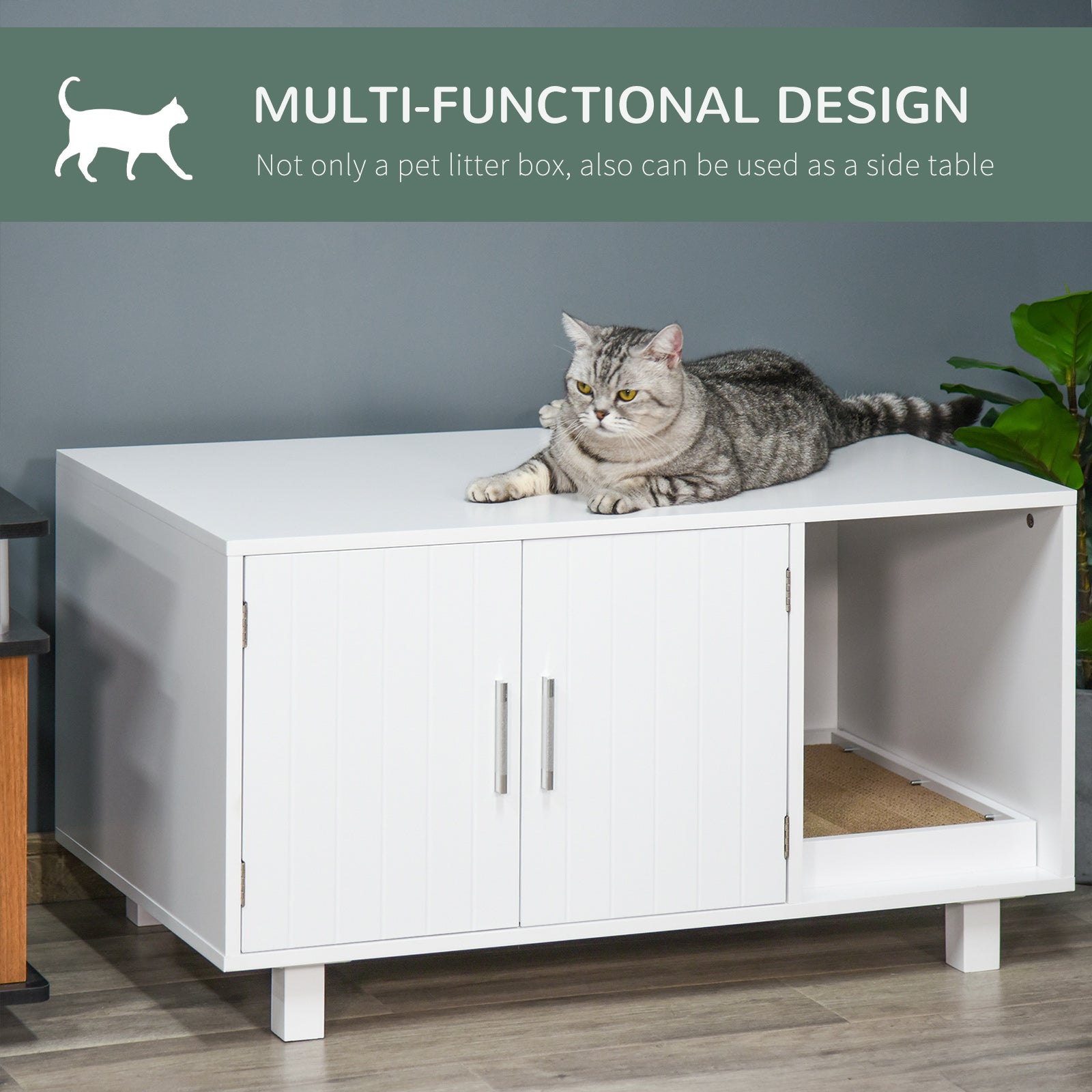 PawHut Wooden Cat Litter Box Enclosure & House with Nightstand/End Table Design, Scratcher, & Magnetic Doors, White 