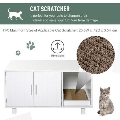 PawHut Wooden Cat Litter Box Enclosure & House with Nightstand/End Table Design, Scratcher, & Magnetic Doors, White 