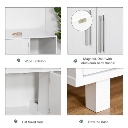 PawHut Wooden Cat Litter Box Enclosure & House with Nightstand/End Table Design, Scratcher, & Magnetic Doors, White 