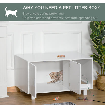 PawHut Wooden Cat Litter Box Enclosure & House with Nightstand/End Table Design, Scratcher, & Magnetic Doors, White 