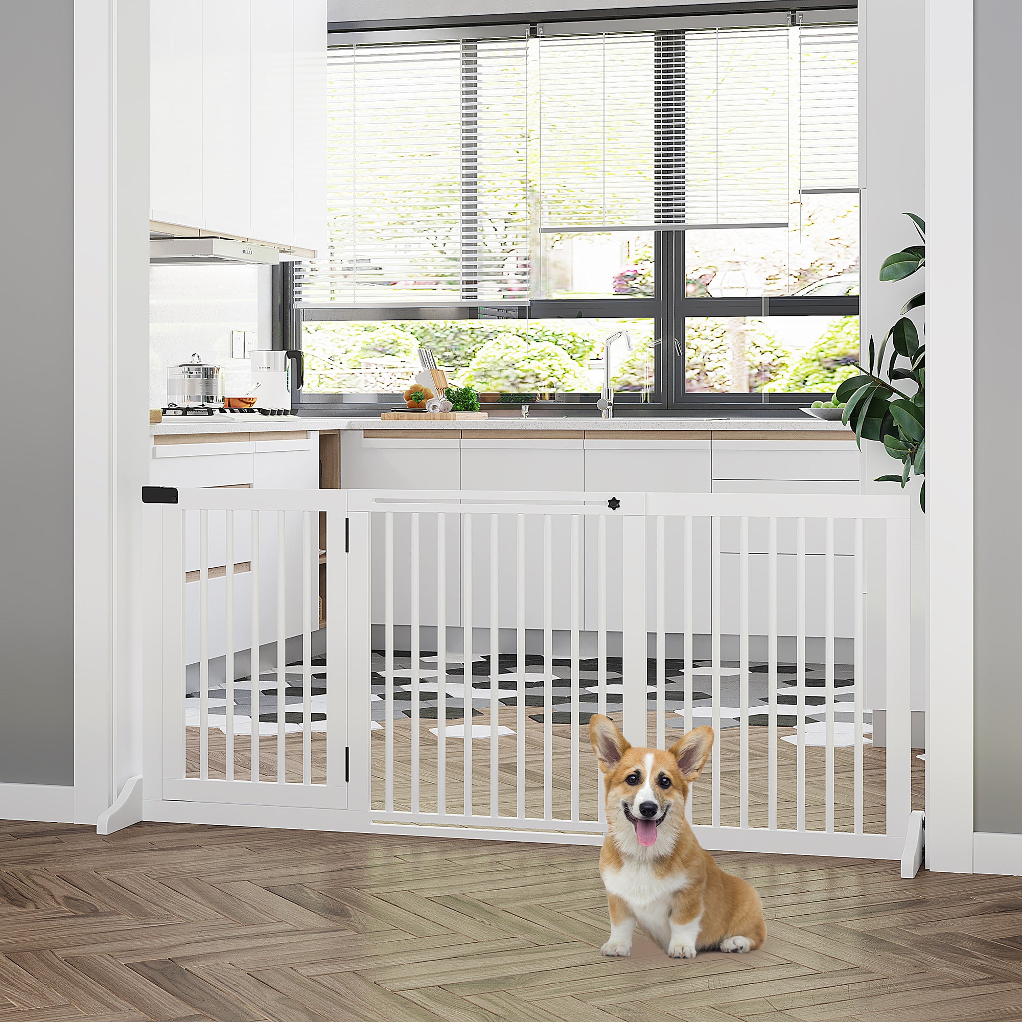 PawHut Wooden Dog Gate, Dog Fence Indoor, Freestanding Dog Barrier, Adjustable Lockable Fence with 3 Panels, 71H x 113-166W cm, White 