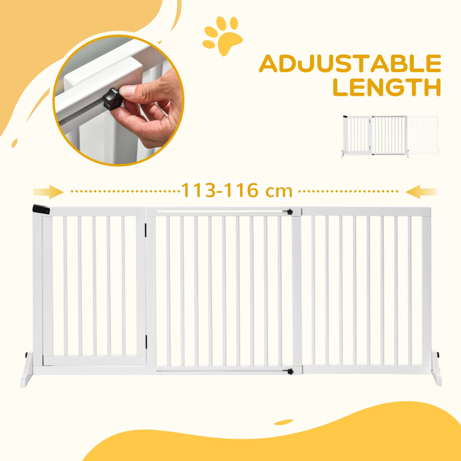 PawHut Wooden Dog Gate, Dog Fence Indoor, Freestanding Dog Barrier, Adjustable Lockable Fence with 3 Panels, 71H x 113-166W cm, White 