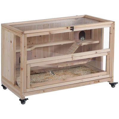 PawHut Wooden Hamster Cage, Mice Rodent Small Animals Kit Hutch, 3 Tiers Exercise Play House, with Wheels, Bottom Tray, 99 x 50 x 69 cm, Natural Wood 