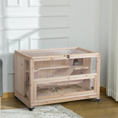 PawHut Wooden Hamster Cage, Mice Rodent Small Animals Kit Hutch, 3 Tiers Exercise Play House, with Wheels, Bottom Tray, 99 x 50 x 69 cm, Natural Wood 