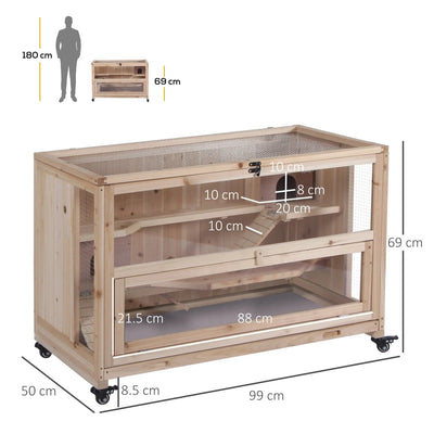 PawHut Wooden Hamster Cage, Mice Rodent Small Animals Kit Hutch, 3 Tiers Exercise Play House, with Wheels, Bottom Tray, 99 x 50 x 69 cm, Natural Wood 