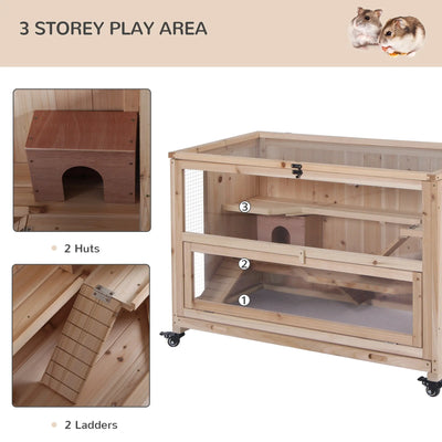 PawHut Wooden Hamster Cage, Mice Rodent Small Animals Kit Hutch, 3 Tiers Exercise Play House, with Wheels, Bottom Tray, 99 x 50 x 69 cm, Natural Wood 