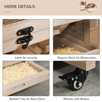 PawHut Wooden Hamster Cage, Mice Rodent Small Animals Kit Hutch, 3 Tiers Exercise Play House, with Wheels, Bottom Tray, 99 x 50 x 69 cm, Natural Wood 