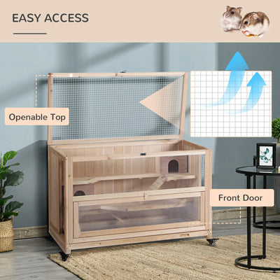 PawHut Wooden Hamster Cage, Mice Rodent Small Animals Kit Hutch, 3 Tiers Exercise Play House, with Wheels, Bottom Tray, 99 x 50 x 69 cm, Natural Wood 