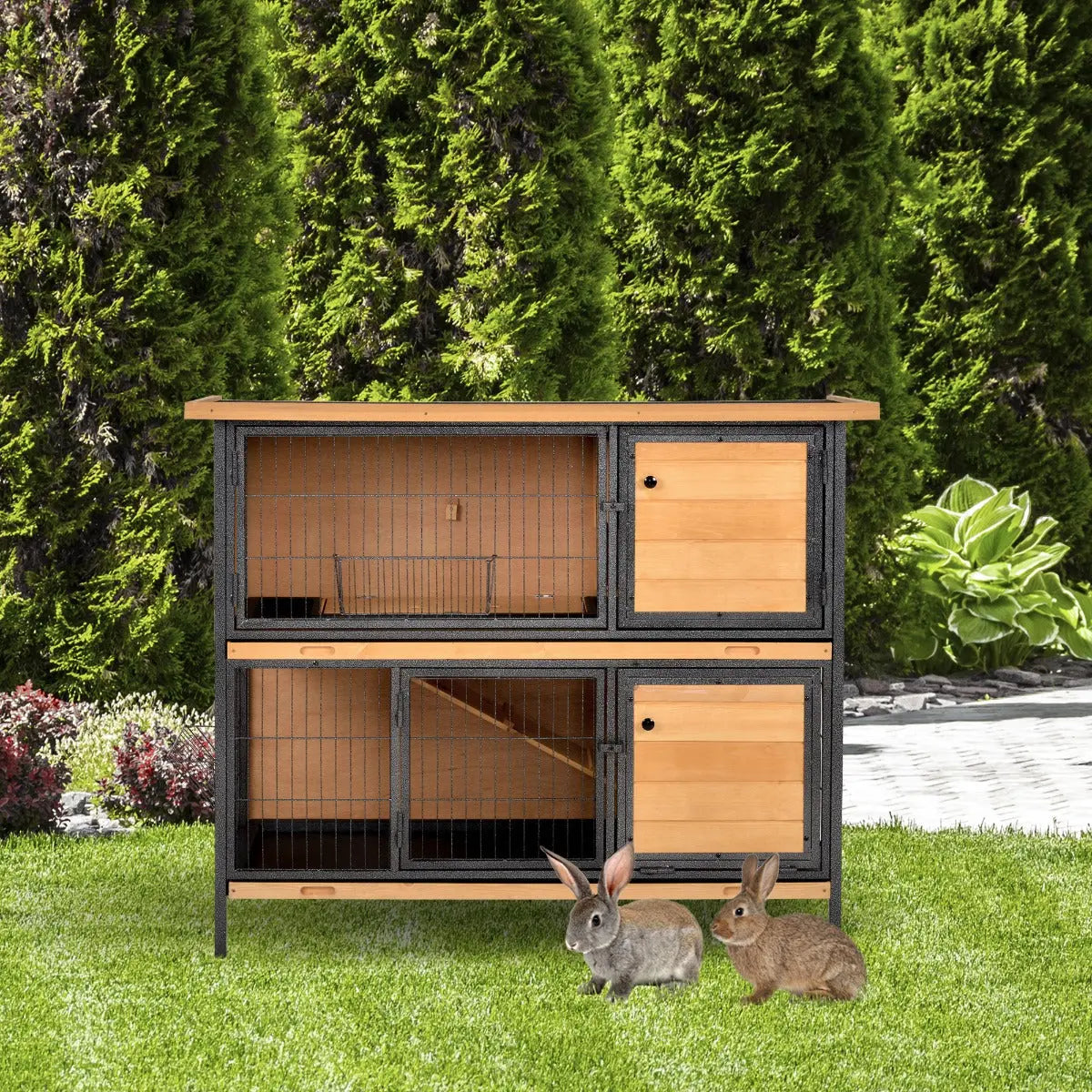 PawHut Wooden Metal Guinea Pigs Hutches Pet House Bunny w/ Slide-Out Tray Outdoor Light Yellow,black 
