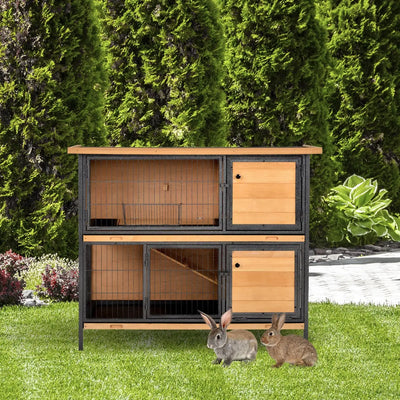 PawHut Wooden Metal Guinea Pigs Hutches Pet House Bunny w/ Slide-Out Tray Outdoor Light Yellow,black 