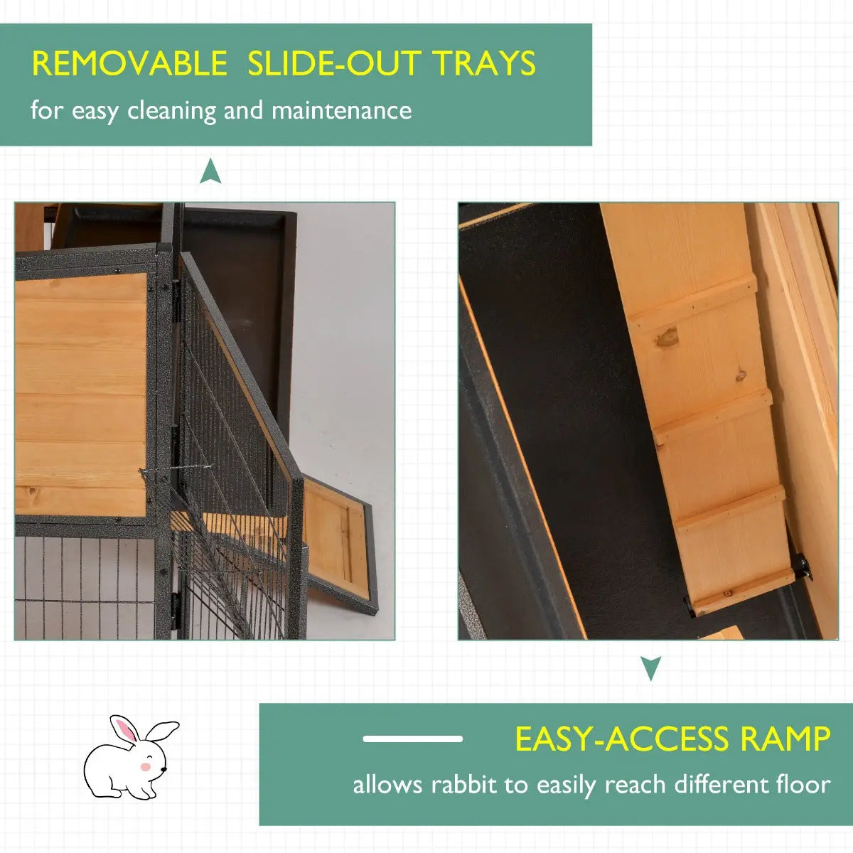 PawHut Wooden Metal Guinea Pigs Hutches Pet House Bunny w/ Slide-Out Tray Outdoor Light Yellow,black 