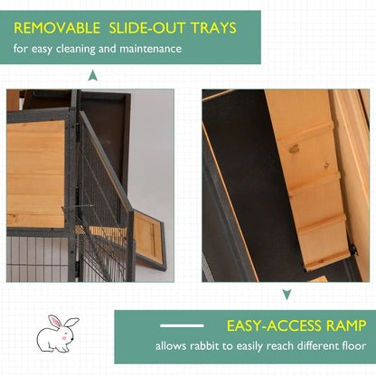 PawHut Wooden Metal Guinea Pigs Hutches Pet House Bunny w/ Slide-Out Tray Outdoor Light Yellow,black 