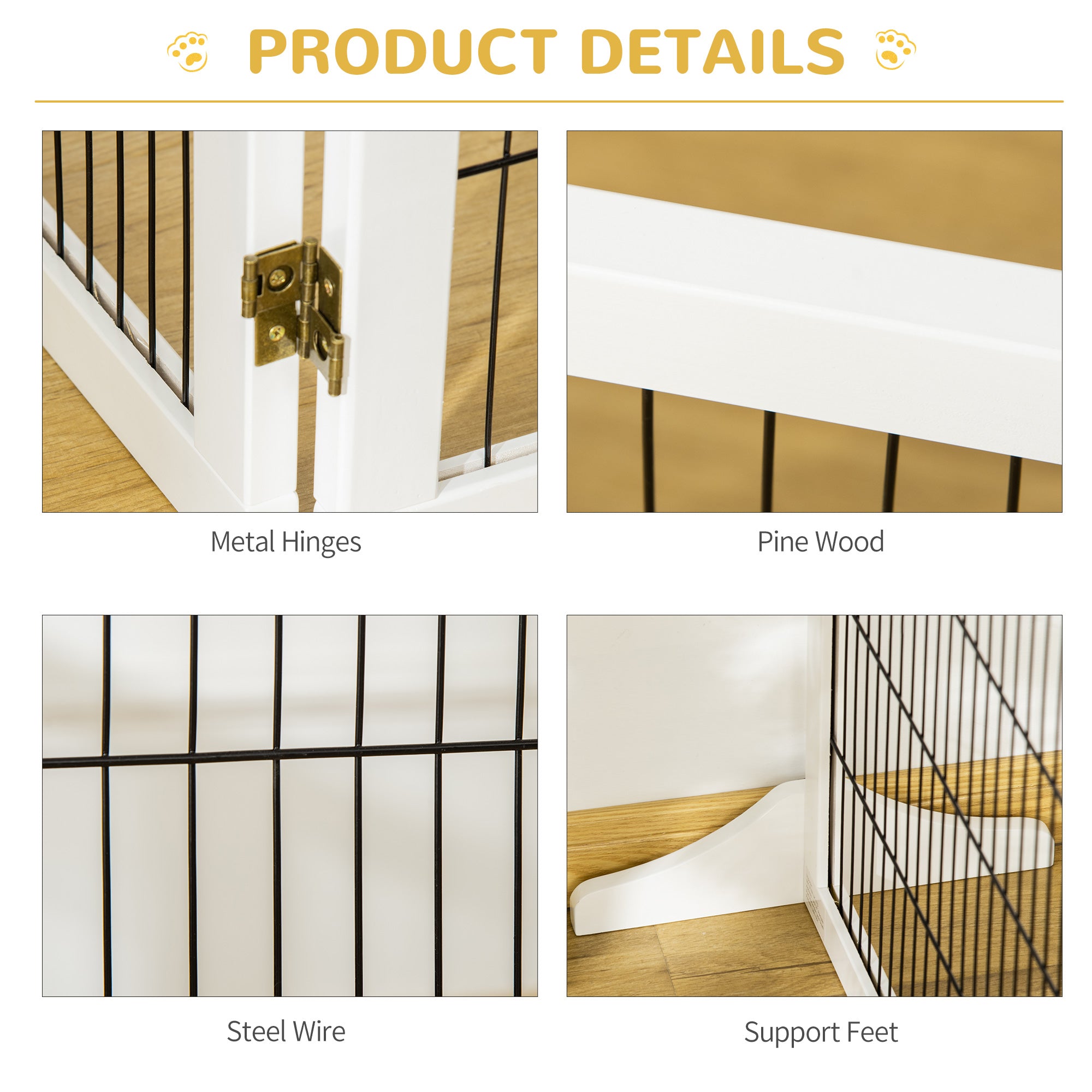PawHut Wooden Pet Gate, Freestanding Dog Safety Barrier, w/ 2 Support Feet, White 