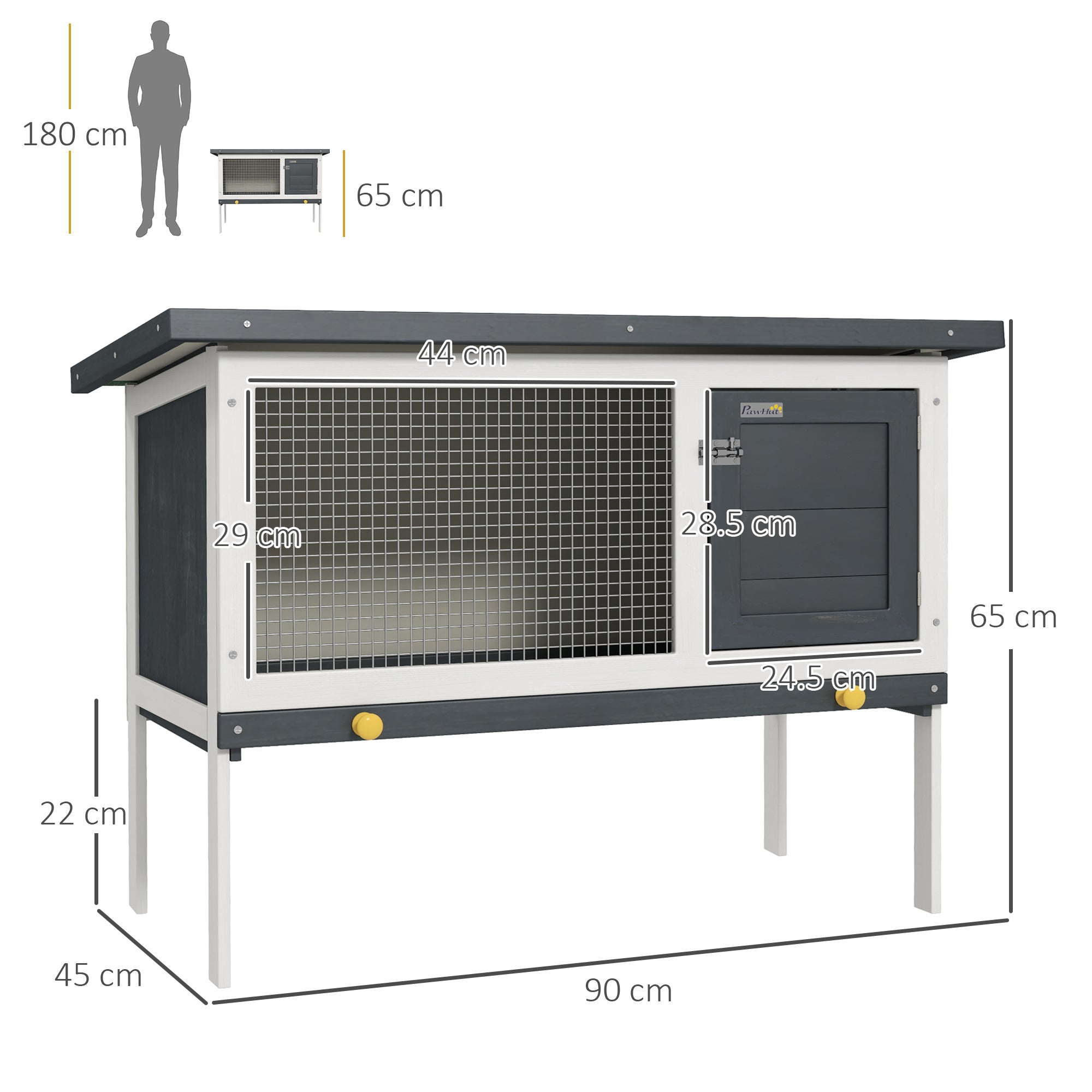 PawHut Wooden Rabbit Hutch Guinea Pig Hutch Bunny Cage Small Animal Habitat Openable Asphalt Roof for Outdoor Use 90 x 45 x 65 cm 