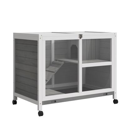 PawHut Wooden Rabbit Hutch Indoor with Wheels, Openable Roof, 91.5 x 53.3 x 73 cm, Grey 