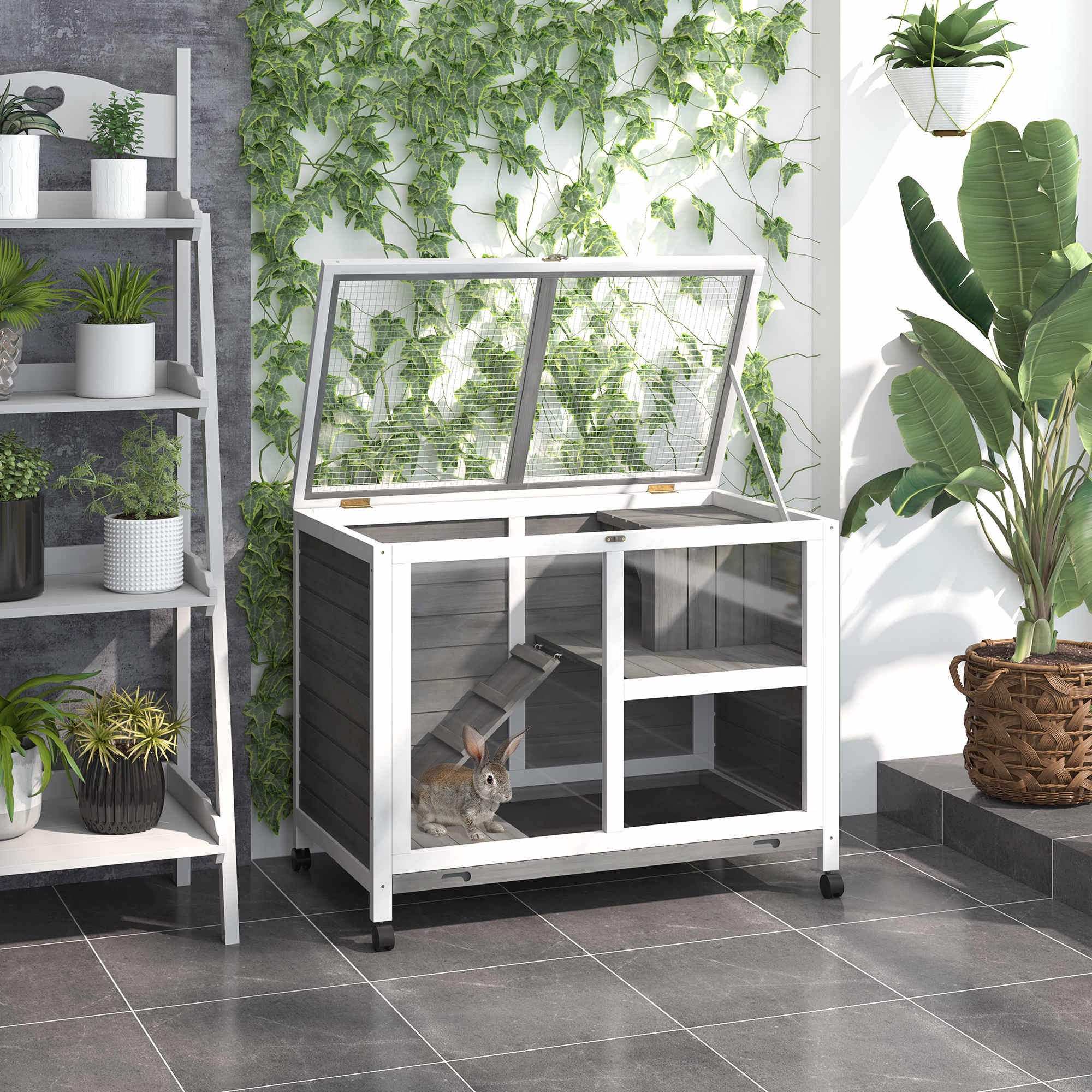 PawHut Wooden Rabbit Hutch Indoor with Wheels, Openable Roof, 91.5 x 53.3 x 73 cm, Grey 