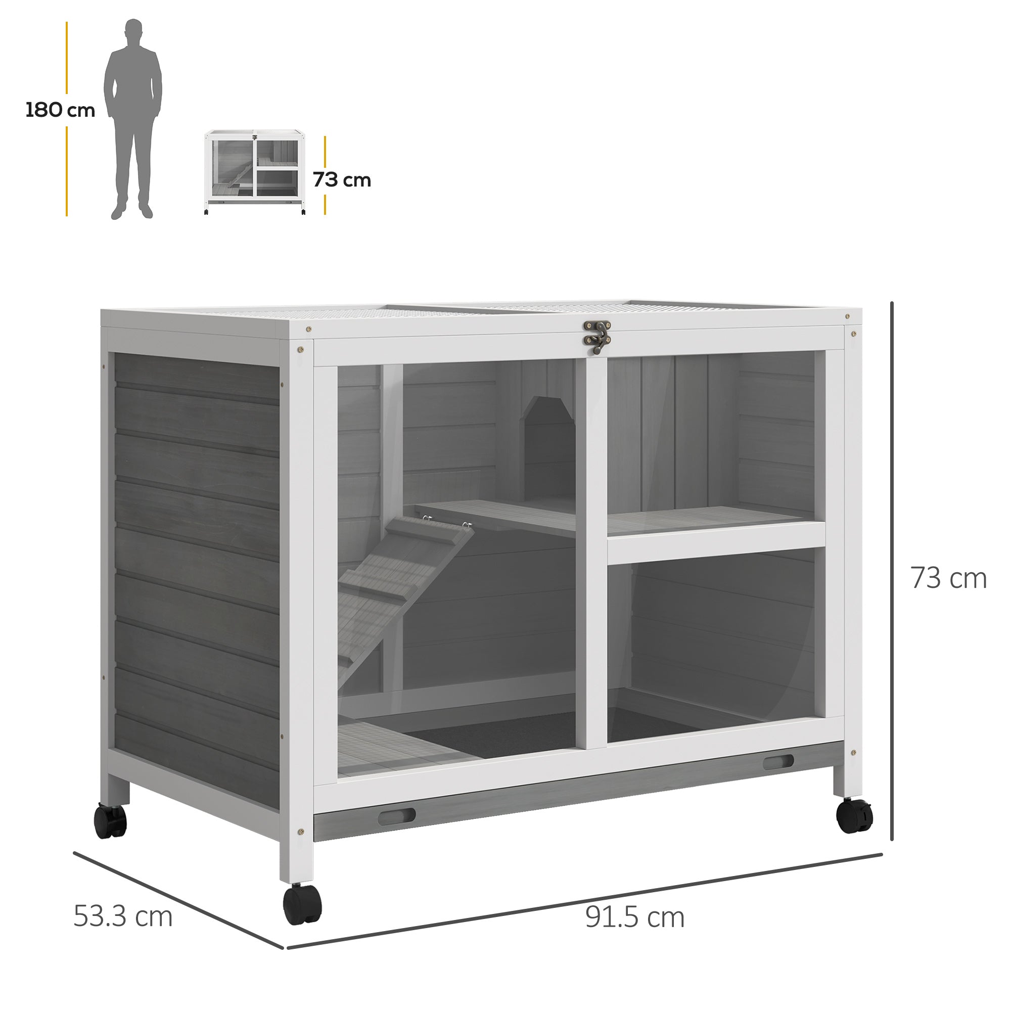 PawHut Wooden Rabbit Hutch Indoor with Wheels, Openable Roof, 91.5 x 53.3 x 73 cm, Grey 