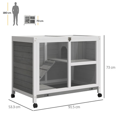 PawHut Wooden Rabbit Hutch Indoor with Wheels, Openable Roof, 91.5 x 53.3 x 73 cm, Grey 