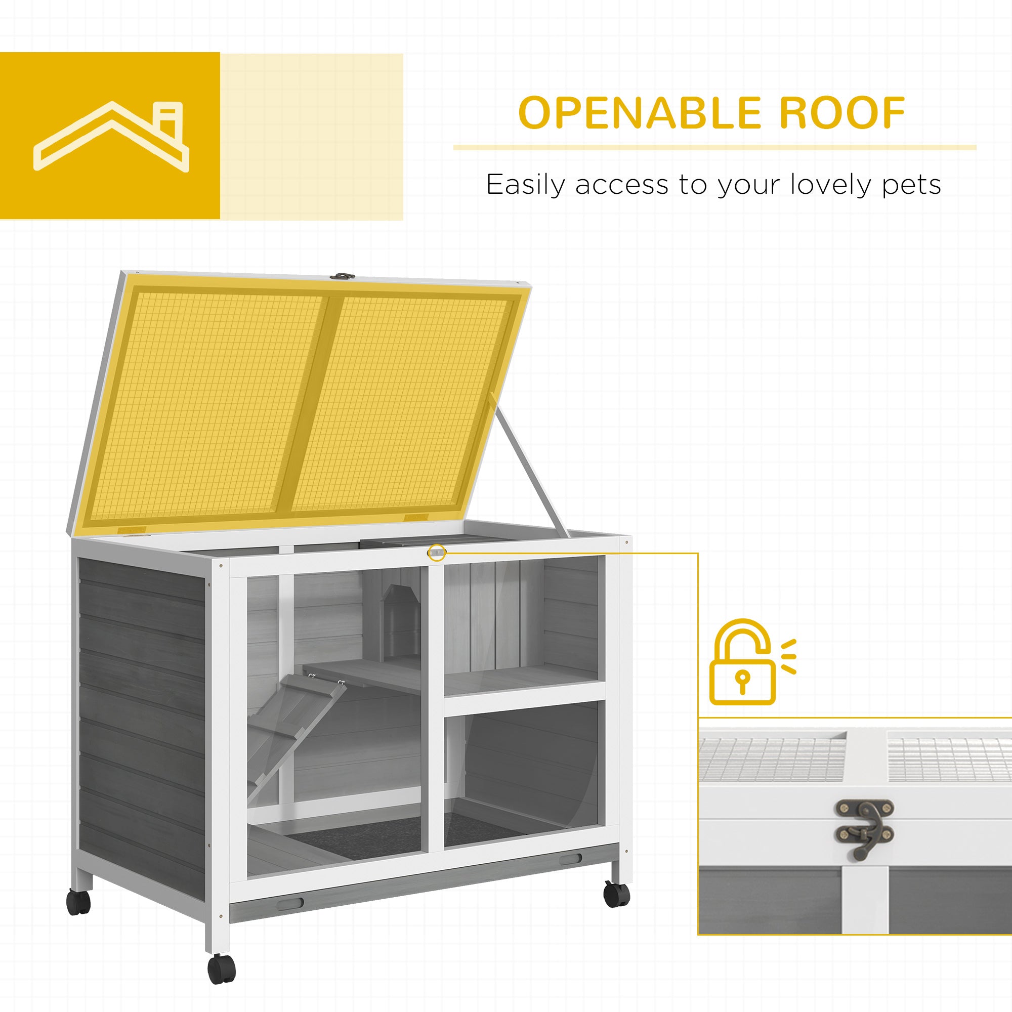 PawHut Wooden Rabbit Hutch Indoor with Wheels, Openable Roof, 91.5 x 53.3 x 73 cm, Grey 