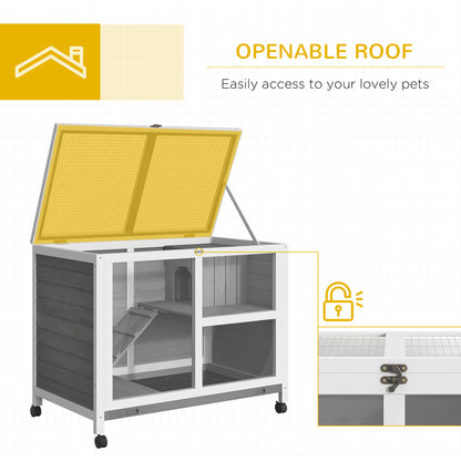 PawHut Wooden Rabbit Hutch Indoor with Wheels, Openable Roof, 91.5 x 53.3 x 73 cm, Grey 