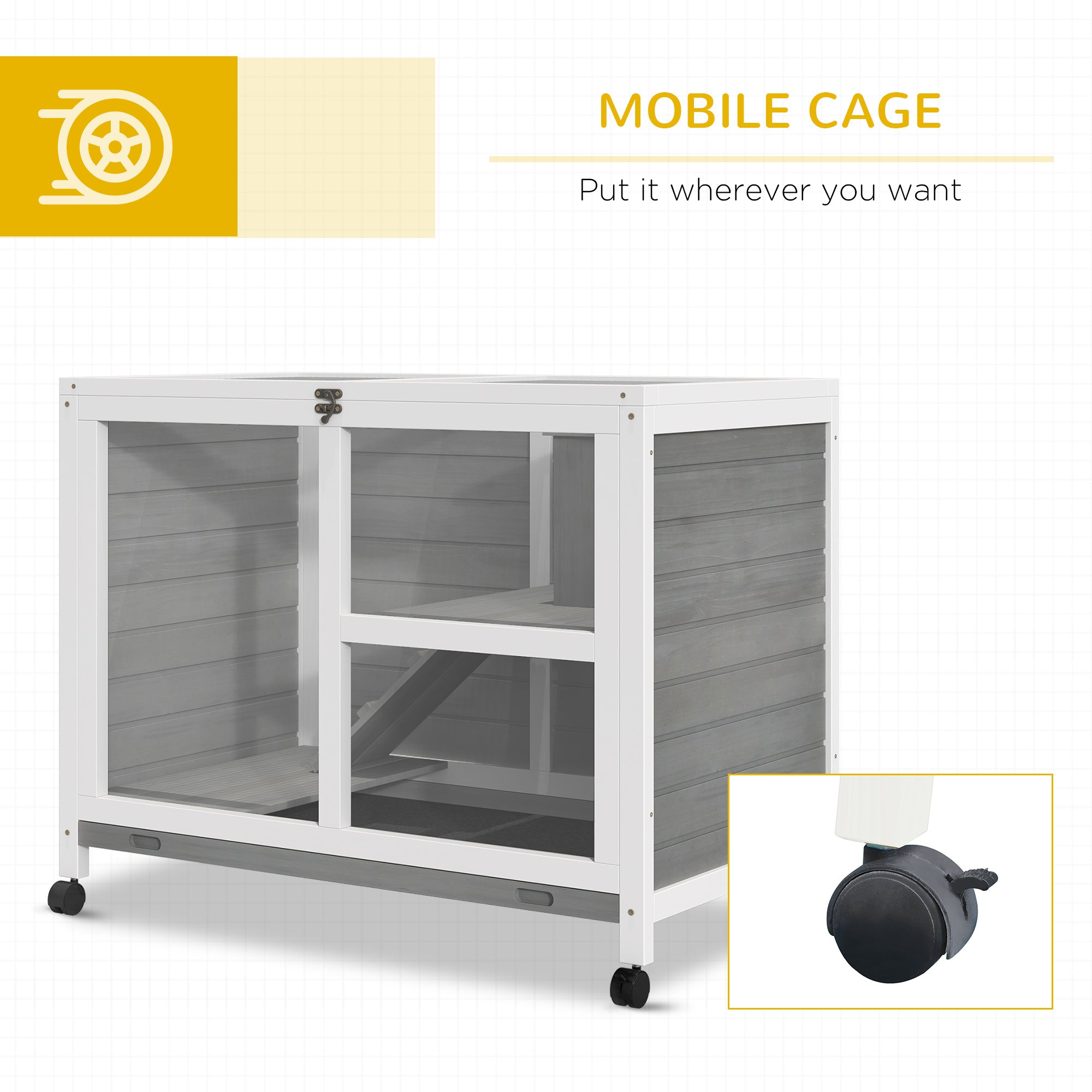 PawHut Wooden Rabbit Hutch Indoor with Wheels, Openable Roof, 91.5 x 53.3 x 73 cm, Grey 