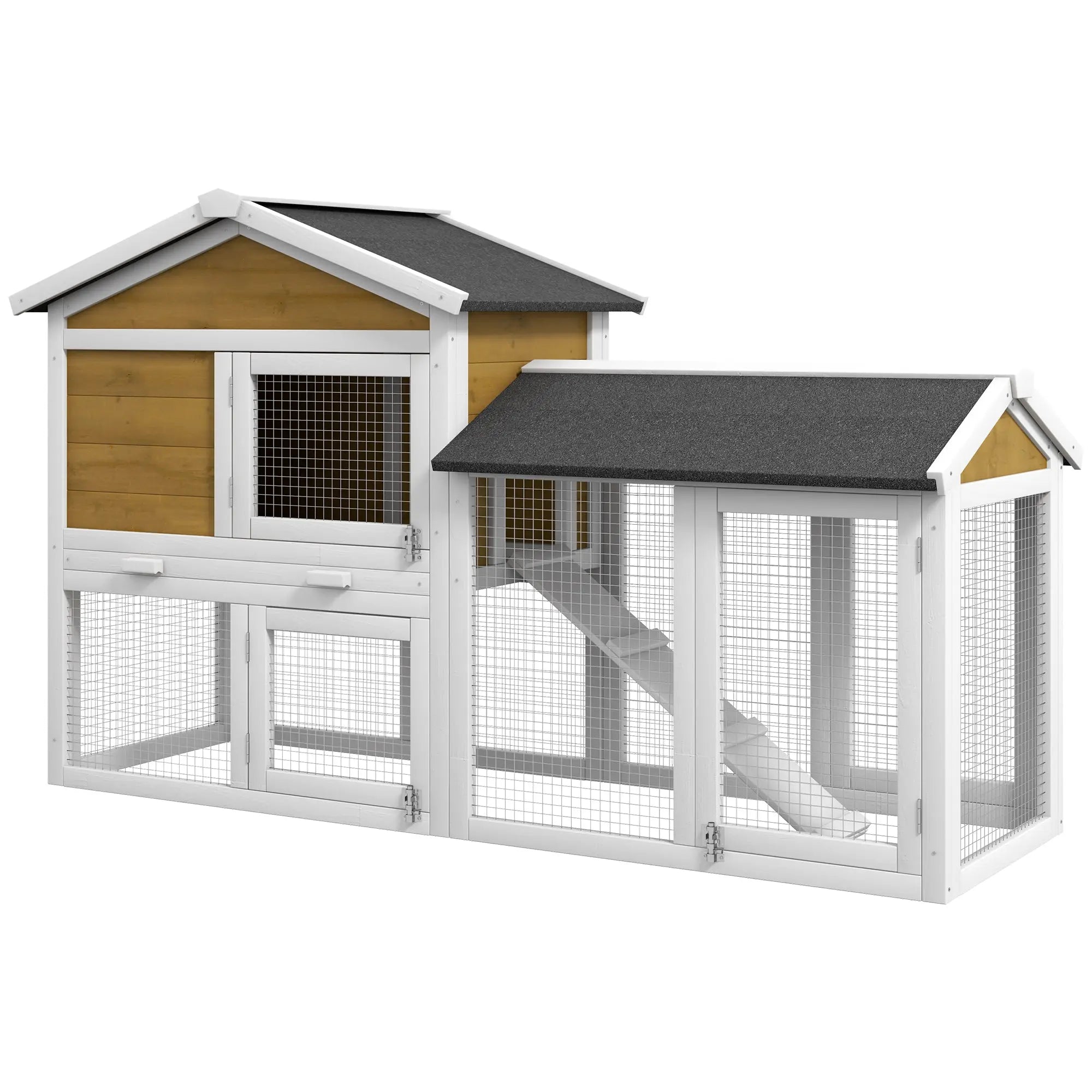 PawHut Wooden Rabbit Hutch Outdoor, Double Tier with Water-Resistant Roof, Ramp 147 x 54 x 84 cm, Yellow 