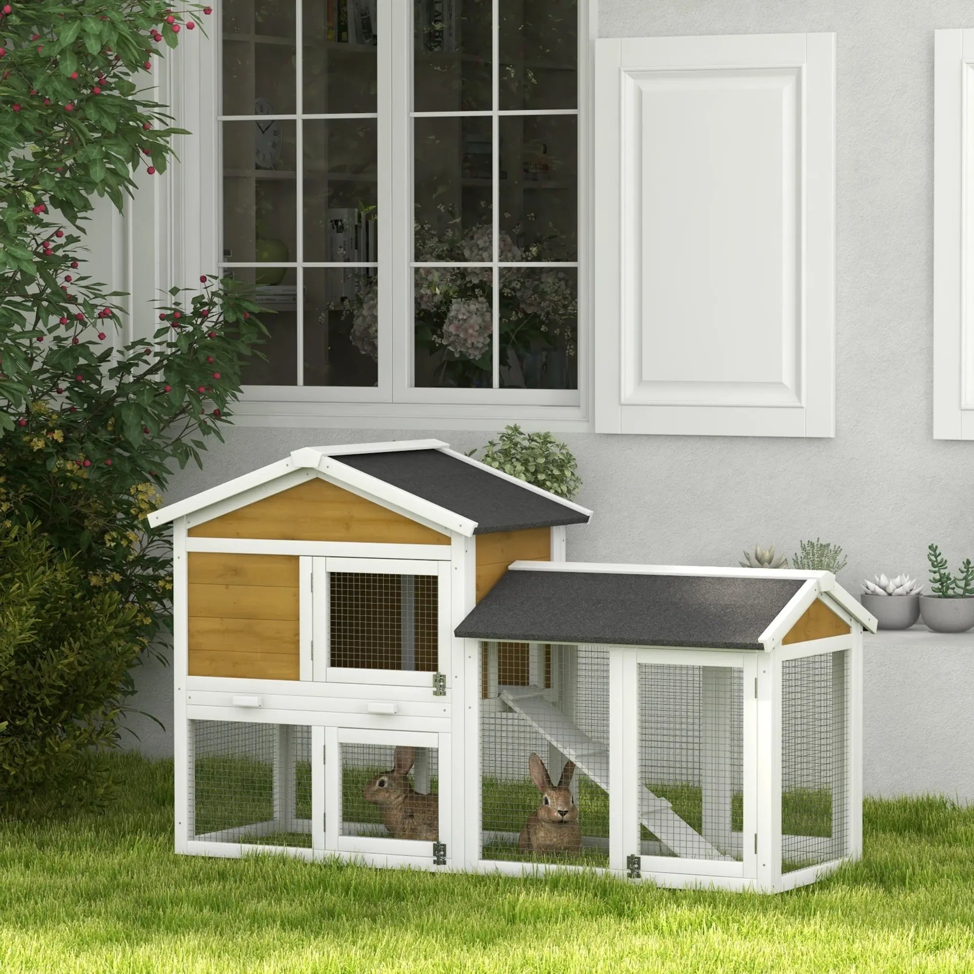 PawHut Wooden Rabbit Hutch Outdoor, Double Tier with Water-Resistant Roof, Ramp 147 x 54 x 84 cm, Yellow 