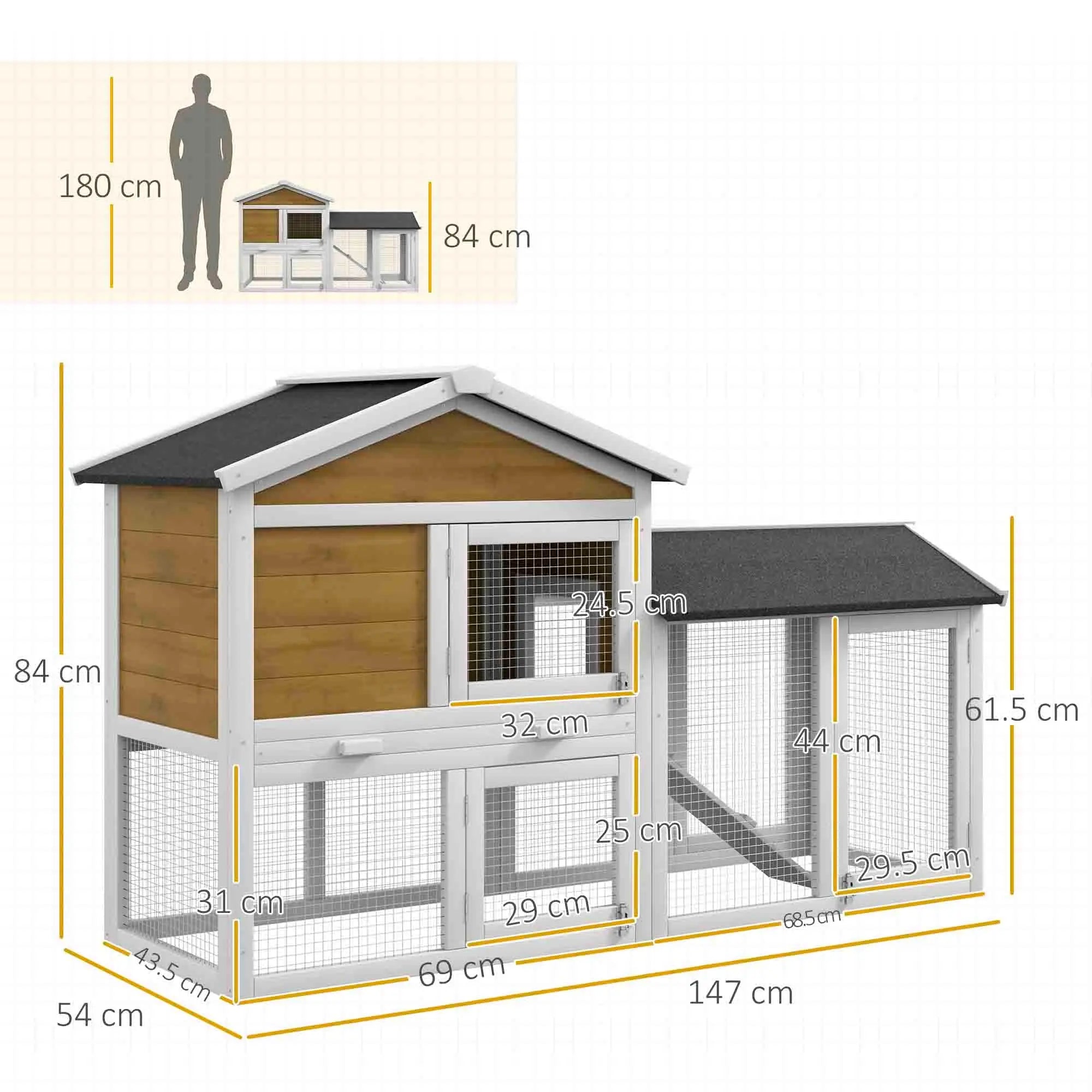 PawHut Wooden Rabbit Hutch Outdoor, Double Tier with Water-Resistant Roof, Ramp 147 x 54 x 84 cm, Yellow 