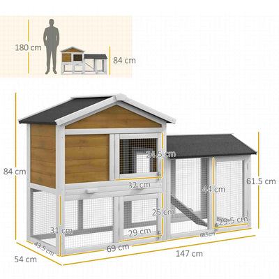 PawHut Wooden Rabbit Hutch Outdoor, Double Tier with Water-Resistant Roof, Ramp 147 x 54 x 84 cm, Yellow 
